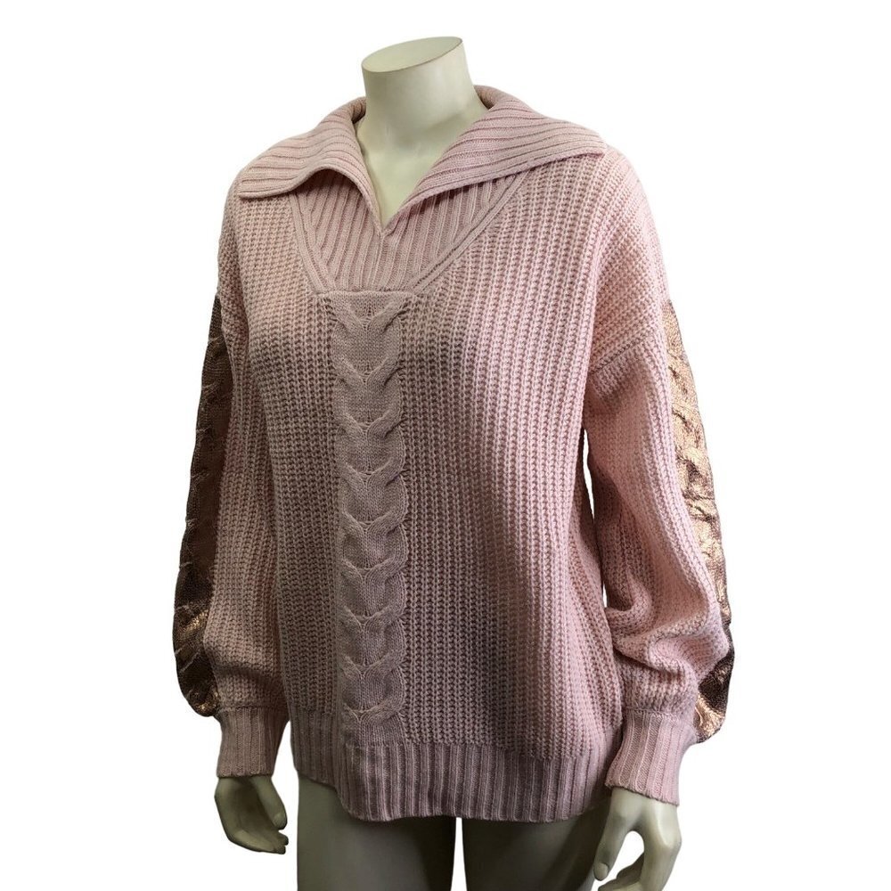 CUPIO LIGHT PINK CABLE KNIT COLLAR SWEATER SIZE MD NWT